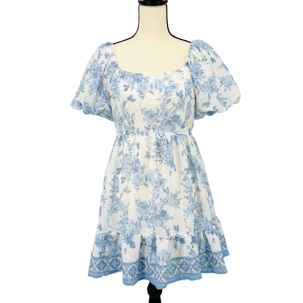 BLU PEPPER Juniors M Blue & White Floral Fit & Flare Mini Dress Puff Sleeves